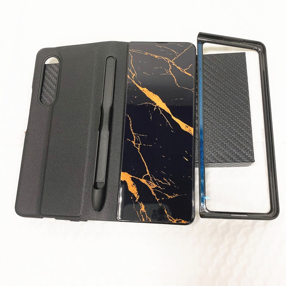 Luxury Leather & Tempered Glass Flip Stand Case For Galaxy Z Fold - casetiphone