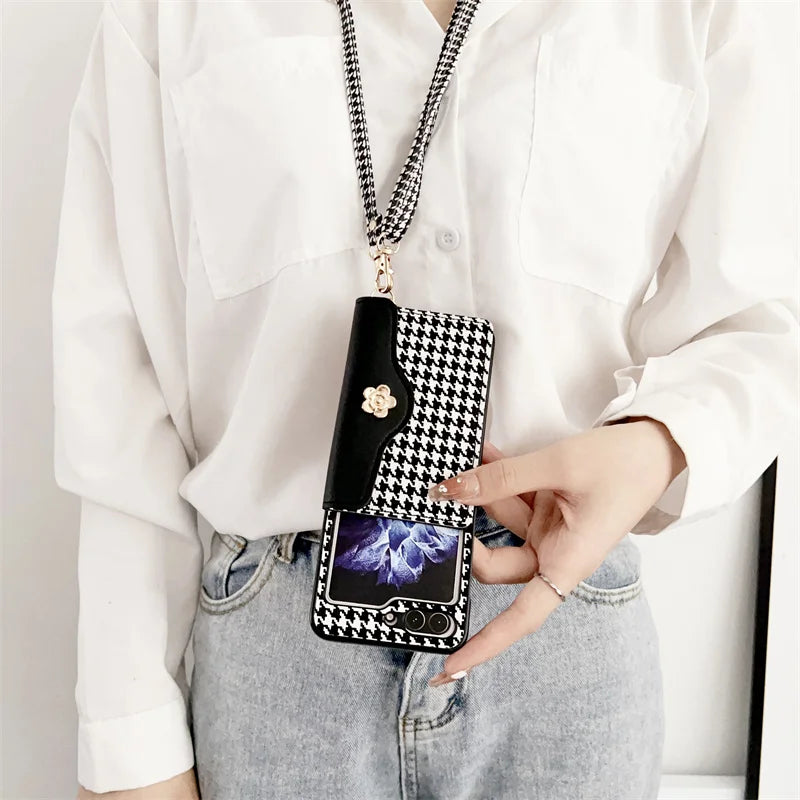 Luxury Houndstooth Case for Samsung Galaxy Z Flip 5 with Pearl PU Leather Strap