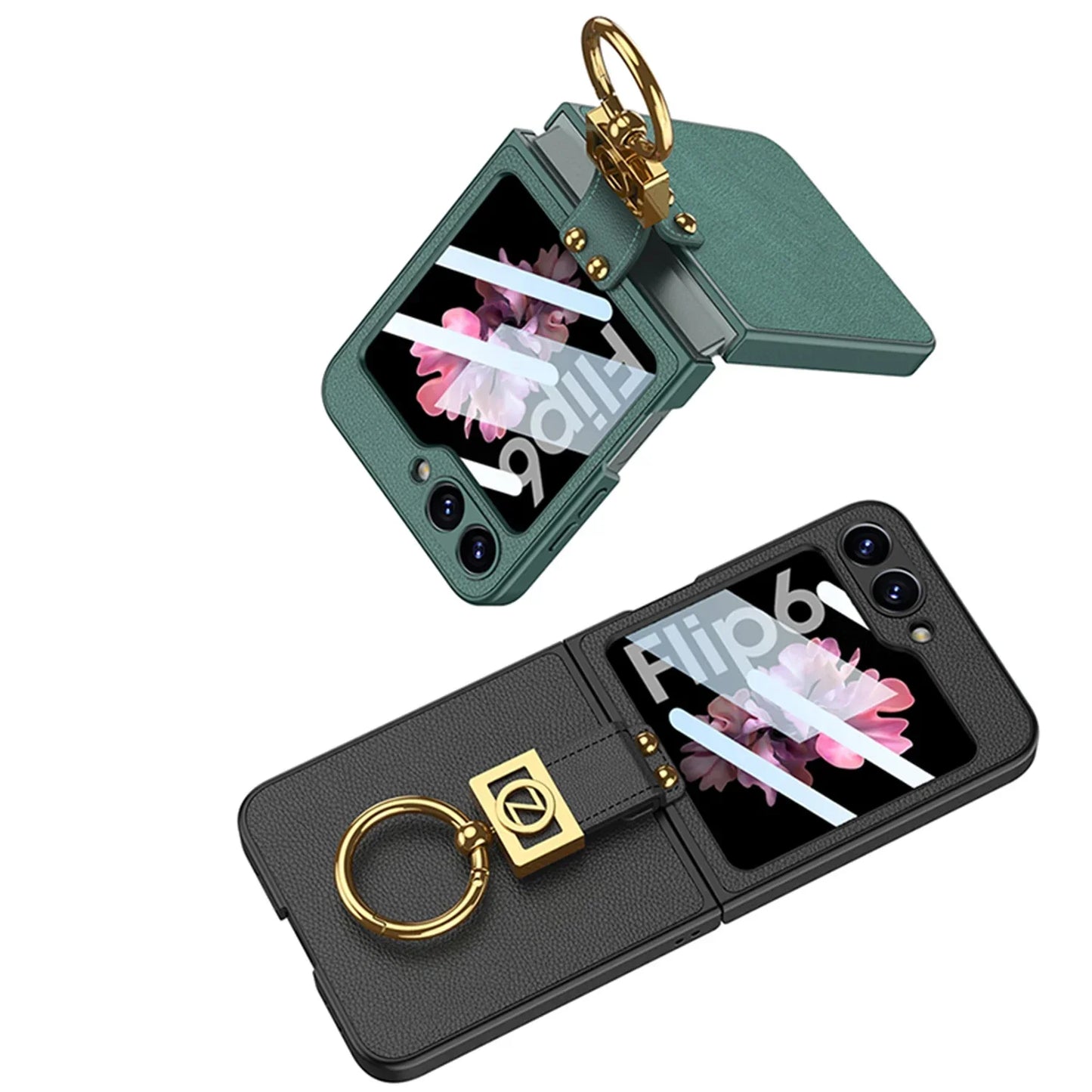 Leather Ring Bracket Case with Mirror for Samsung Galaxy Z Flip 6