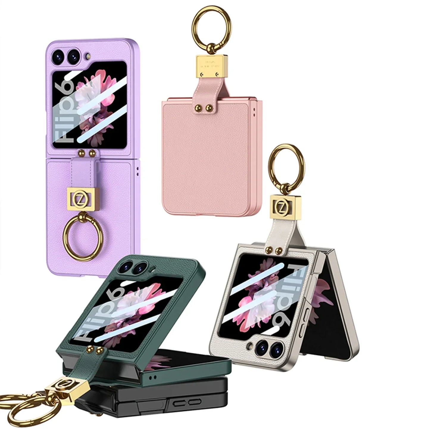 Leather Ring Bracket Case with Mirror for Samsung Galaxy Z Flip 6